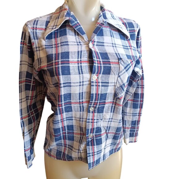XS Vintage 70's Blue Top Plaid Buttery Flannel Button-Up Shirt Distress Repairs - Picture 1 of 9